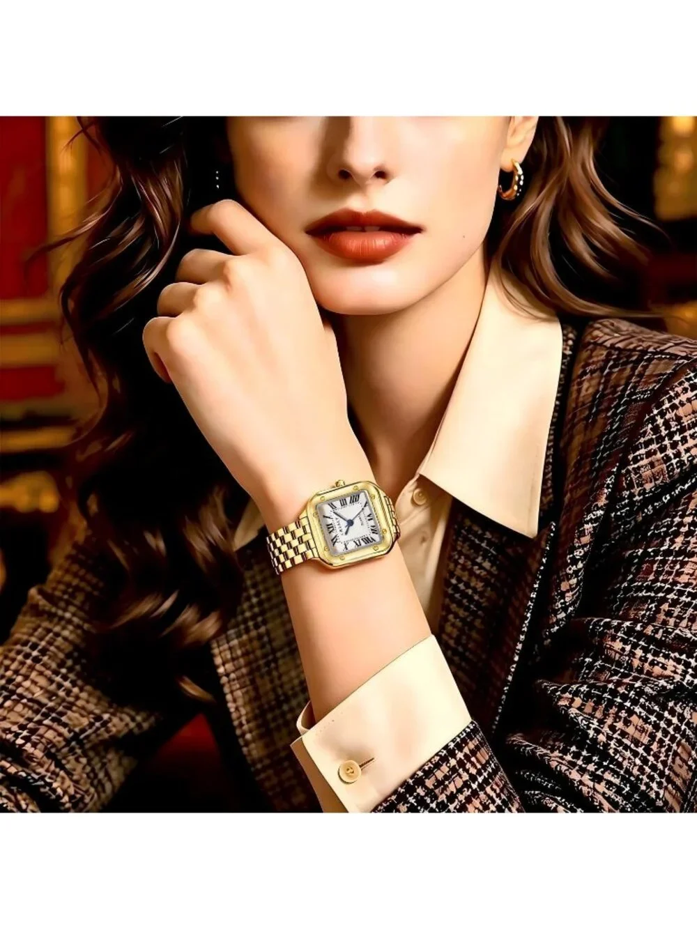 Women's Gold 2 Bracelets Set Roman Dial Bangle Stainless Steel Ladies Wristwatch